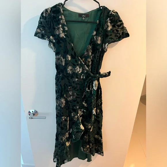 Lulus | Dresses | Emerald Green Floral Velvet Burnout Wrap Midi Dress  Xsmall | Poshmark